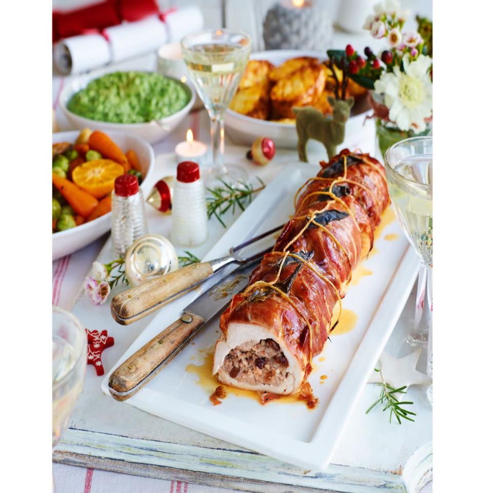 <p>A great easy recipe for serving turkey at your Christmas table. Rolling the turkey is simpler than you think. </p><p><strong>Recipe: <a href="https://www.goodhousekeeping.com/uk/christmas/christmas-recipes/a558326/turkey-breast-roll-with-mincemeat-stuffing/" rel="nofollow noopener" target="_blank" data-ylk="slk:Turkey breast roll with mincemeat stuffing" class="link ">Turkey breast roll with mincemeat stuffing</a></strong></p>