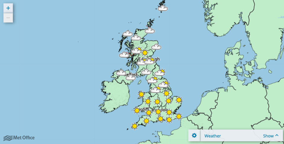 <em>Most of the country is enjoying long spells of sunshine today (Met Office)</em>