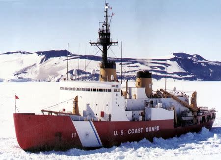 United States Coast Guard Heavy Icebreaker Polar Sea (WAGB 11) is shown in the ice channel near McMurdo, Antarctica on January 10, 2002. REUTERS/Rob Rothway/U.S. Coast Guard/Handout