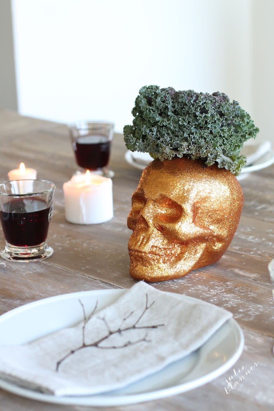 <p>They're way less scary when you top them with a flower or plant. Maybe equally as scary when stuffed with greens. That's one way to get 'em on the table! See more at <a href="http://julieblanner.com/halloween-party-table-setting/" rel="nofollow noopener" target="_blank" data-ylk="slk:Julie Blanner;elm:context_link;itc:0;sec:content-canvas" class="link ">Julie Blanner</a>.</p><p><a class="link " href="https://www.amazon.com/Springfield-Leather-Company-Desert-Glitter/dp/B009SRB95Q/ref=sr_1_5?tag=syn-yahoo-20&ascsubtag=%5Bartid%7C10057.g.2554%5Bsrc%7Cyahoo-us" rel="nofollow noopener" target="_blank" data-ylk="slk:BUY NOW;elm:context_link;itc:0;sec:content-canvas">BUY NOW</a> <strong><em>Gold Glitter Paint, $8</em></strong></p>