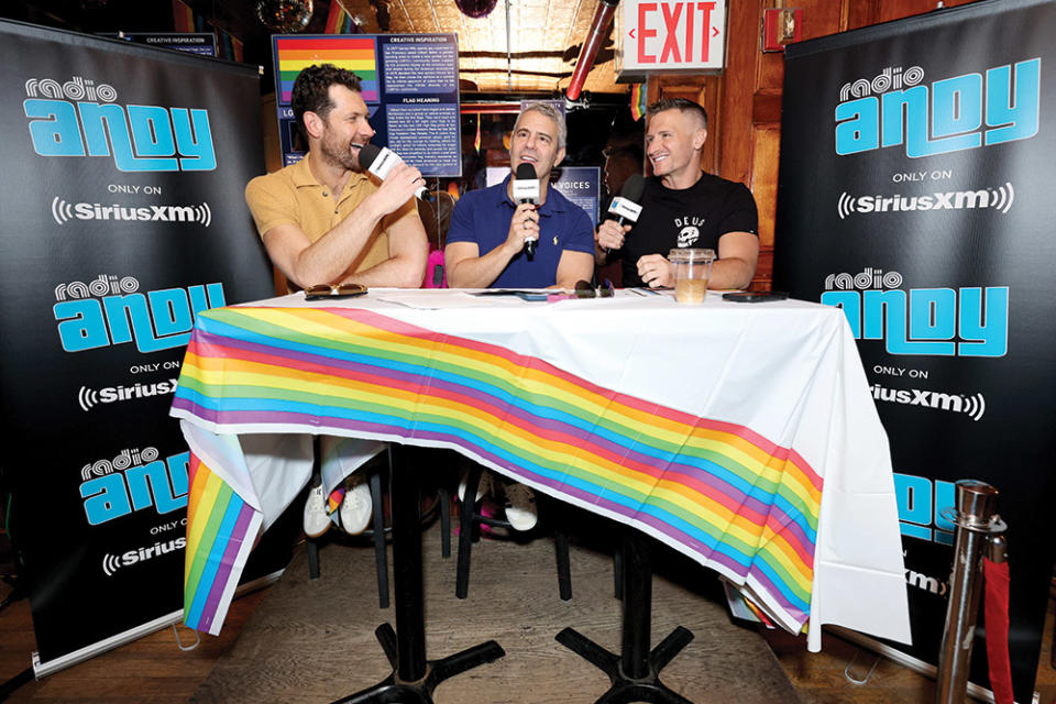 Billy Eichner, Cohen and John Hill during a live broadcast of Andy Cohen Live on SiriusXM from The Stonewall Inn in New York in 2022.