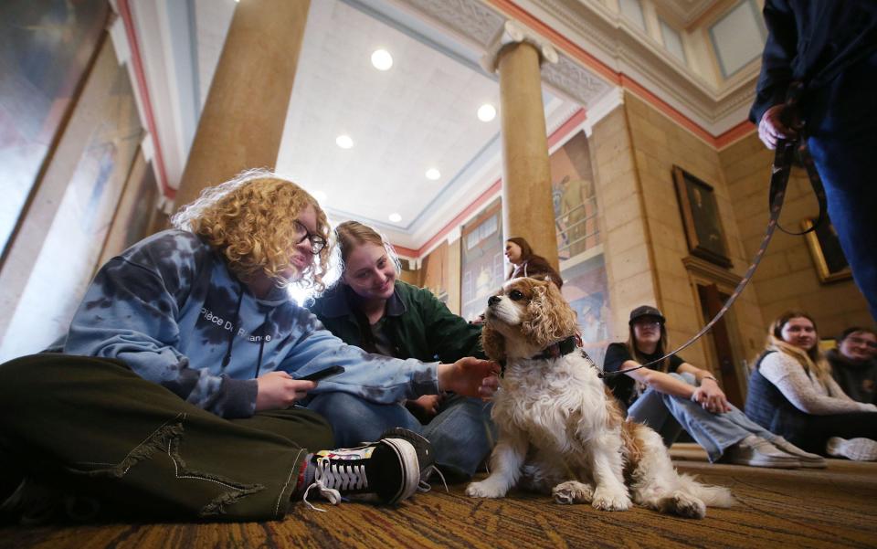 Iowa State University freshmen Rubielys Bebabelazquez (left) and Linnae lead the “Barks at Parks” event at the university's Parks Library on Monday, April 29, 2024, in Ames, Iowa.  in Preparation Week petting certified therapy dogs.