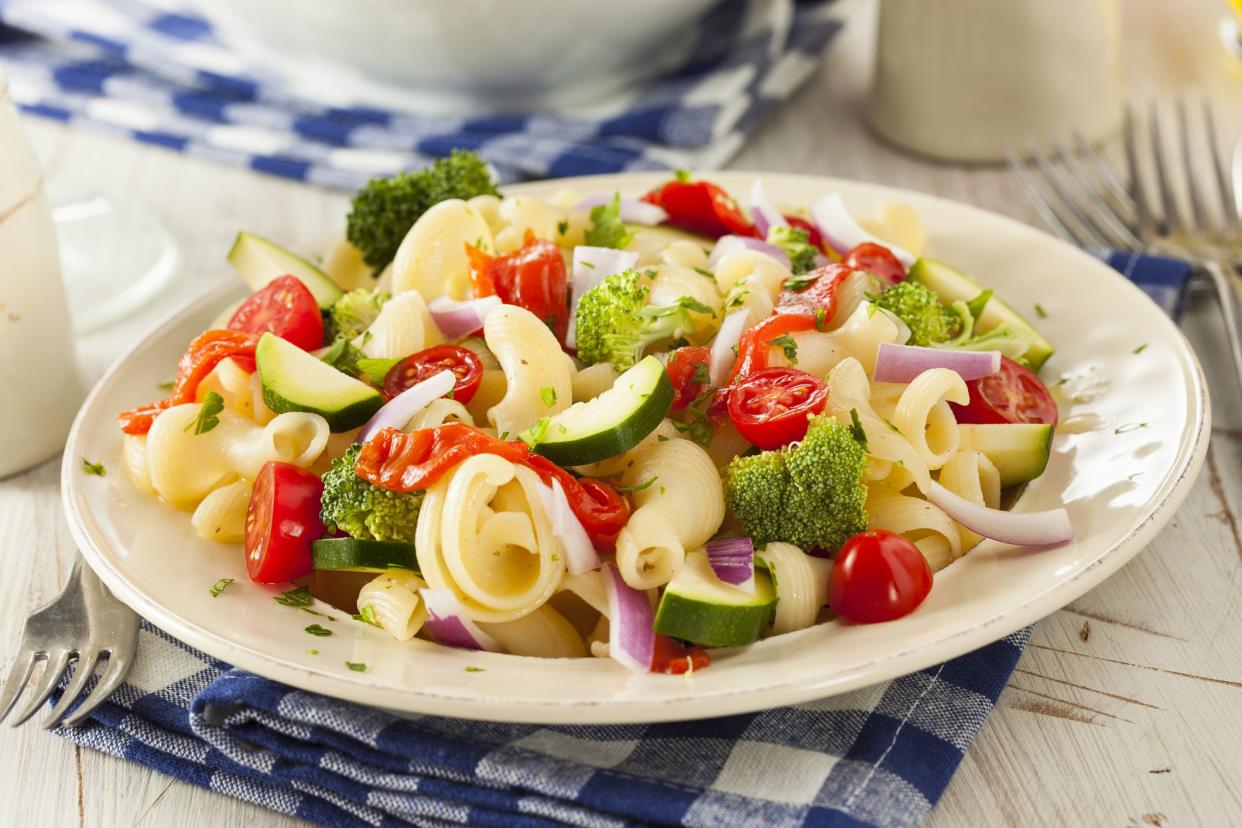 Healthy Homemade Pasta Salad with Tomatoes Onions and Broccoli