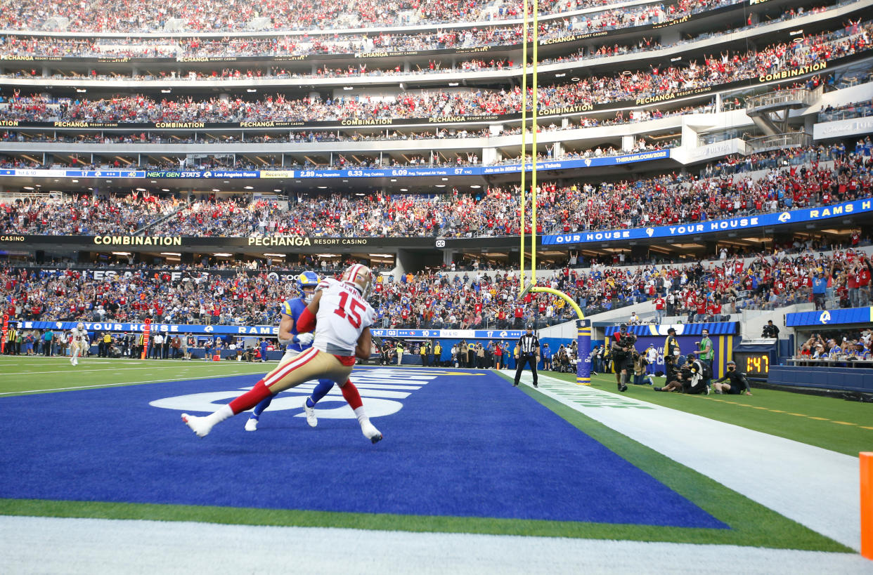 INGLEWOOD, CA - JANUARY 9: Jauan Jennings #15 of the San Francisco 49ers makes a 24-yard touchdown catch during the game against the Los Angeles Rams at SoFi Stadium on January 9, 2022 in Inglewood, California. The 49ers defeated the Rams 27-24. (Photo by Michael Zagaris/San Francisco 49ers/Getty Images)