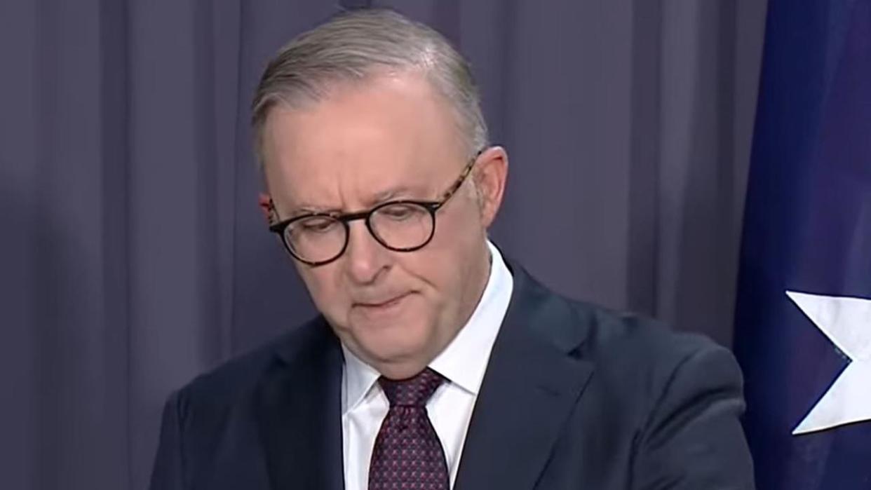 Prime MInister Anthony Albanese appeared crestfallen as he addressed the nation on Saturday night. Picture: ABC