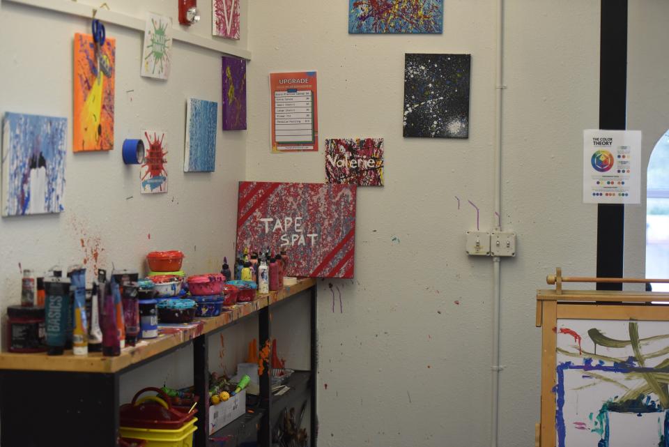 The Foundry's painting room with some of customer's creations on Sept. 13, 2023. Paint throwing is one of the activities Carol Dalrymple imagines guests can enjoy with alcohol.