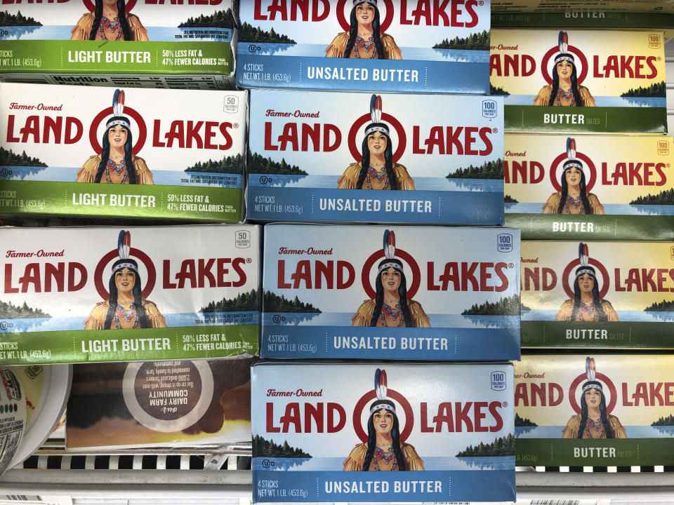 CORRECTS TO REMOVE REFERENCE TO BEING A DEAN FOOD BRAND, DEAN FOOD DOES NOT MAKE LAND O LAKES BUTTER - Packages of Land O' Lakes butter are shown at a grocery store, Tuesday, Nov. 12, 2019, in Doral, Fla. (AP Photo/Wilfredo Lee)