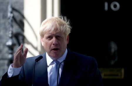 Britain's new Prime Minister, Boris Johnson, delivers a speech outside Downing Street, in London