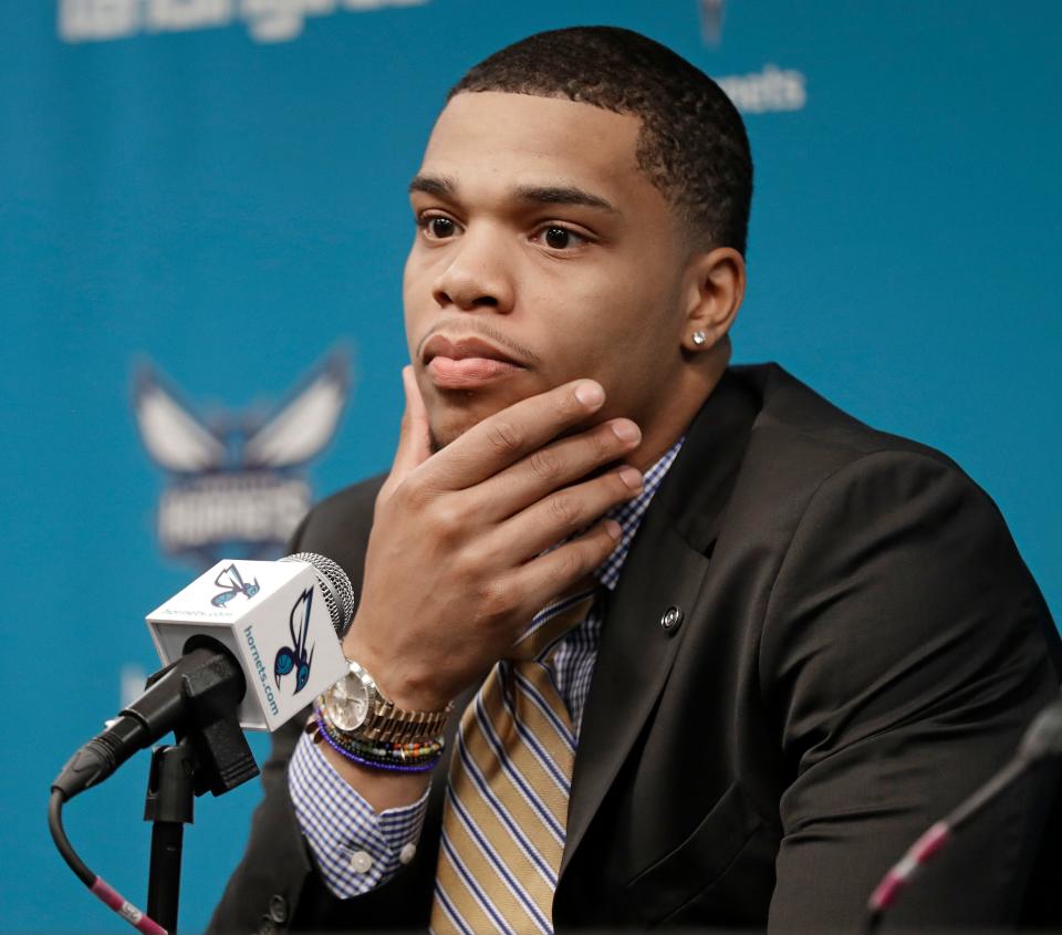 Charlotte Hornets draft pick Miles Bridges listens to a question during a news conference in Charlotte, June 22, 2018 after starring for two seasons at Michigan State.