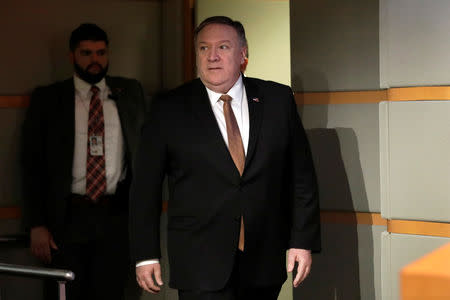 U.S. Secretary of State Mike Pompeo arrives at his briefing on Iran at the State Department in Washington, U.S., April 8, 2019. REUTERS/Yuri Gripas