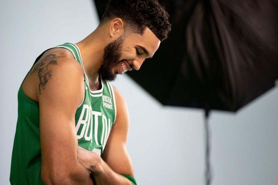 CANTON, MA - SEPTEMBER 26: Jayson Tatum #0 of the Boston Celtics reacts as he poses for photos during Boston Celtics Media Day at High Output Studios on September 26, 2022 in Canton, Massachusetts. NOTE TO USER: User expressly acknowledges and agrees that, by downloading and/or using this photograph, user is consenting to the terms and conditions of the Getty Images License Agreement. (Photo by Maddie Malhotra/Getty Images)