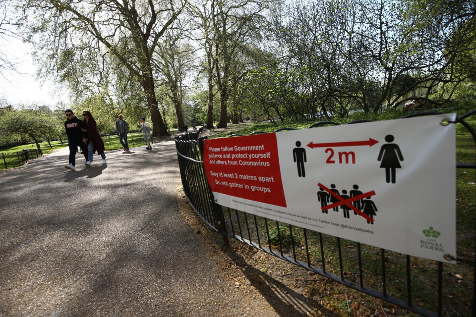 A social distancing notice on display in St James's Park, London, as the UK continues in lockdown to help curb the spread of the coronavirus. (Photo by Yui Mok/PA Images via Getty Images)