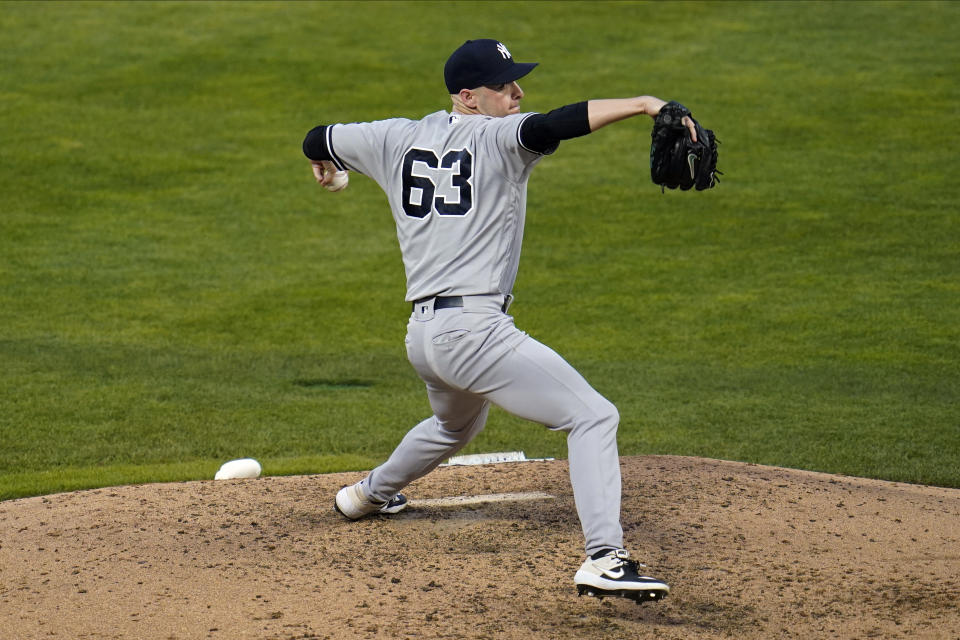 New York Yankees pitcher Lucas Luetge throws in relief against the Minnesota Twins during the fourth inning of a baseball game Thursday, June 10, 2021, in Minneapolis. (AP Photo/Jim Mone)