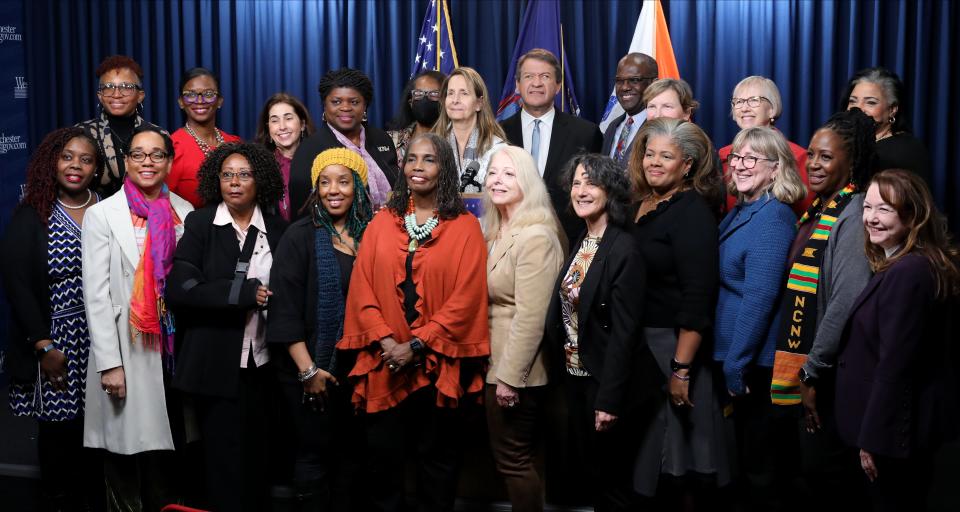 Westchester County Executive George Latimer poses for a photo with participants, after the announcement of the Westchester County Black maternal child health initiative, at the county office building in White Plains, Feb. 8, 2023. It's a partnership with the Westchester County Health Department, Lower Hudson Valley Perinatal Network, Birth from The Earth and Saint Johnâ€™s Riverside Hospital. The program will strive to improve Black Maternal and Child Health Outcomes in Westchester County.