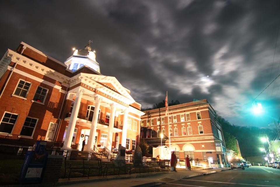 This photo shows the Madison County Courthouse during the 2017 edition of the annual Christmas pageant.