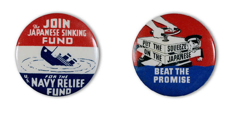 Two buttons read "join the Japanese sinking fund for the US Navy relief fun" and "put the squeeze on the Japanese, beat the promise"