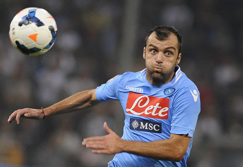 Napoli's Goran Pandev controls the ball during the Italian Serie A soccer match against Genoa at the Marassi stadium in Genoa