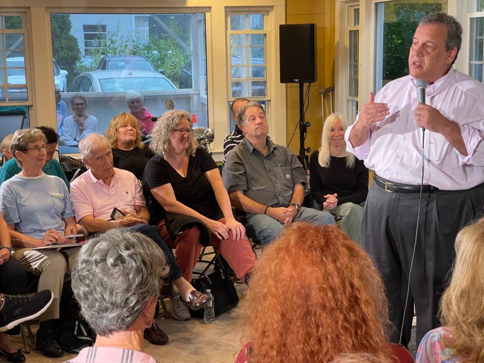 Former New Jersey Gov. Chris Christie addressed voters in Rye, NH on Sept. 11 at a "No BS BBQ" hosted by former U.S. Senator and ambassador Scott Brown and his wife, Gail Huff Brown.