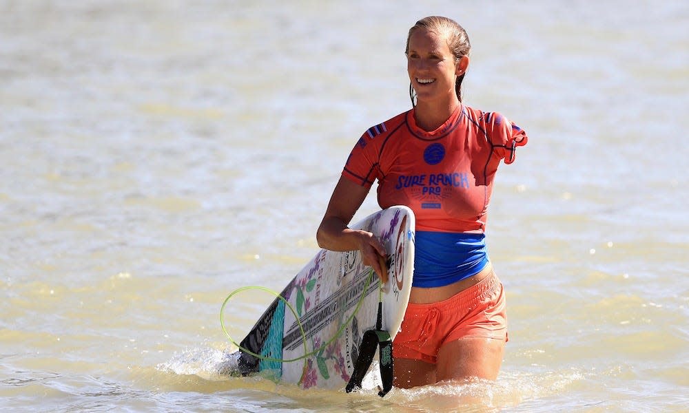 Bethany Hamilton competes during the qualifying round of the World Surf League Surf Ranch Pro on Sept. 8, 2018, in Lemoore, California.