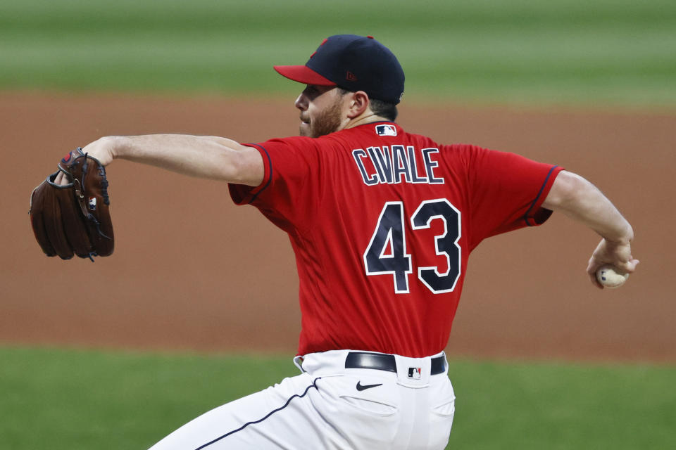 Cleveland Indians pitcher Aaron Civale delivers against the Pittsburgh Pirates during the first inning of a baseball game, Saturday, Sept. 26, 2020, in Cleveland. (AP Photo/Ron Schwane)