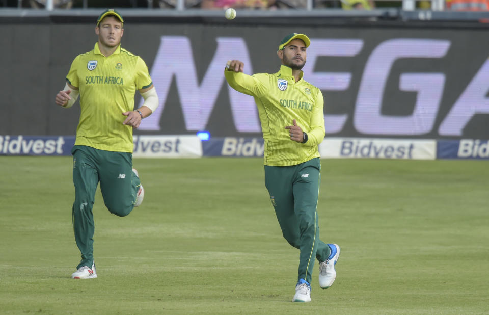 South Africa's Reeza Hendricks fielding a ball during the T20I match between South Africa and Sri Lanka at Wanderers Stadium in Johannesburg, South Africa, Sunday, March, 24, 2019. (AP Photo/Christiaan Kotze)