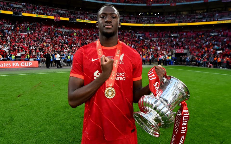 Ibrahima Konate with the FA Cup - Andrew Powell/Liverpool FC via Getty Images