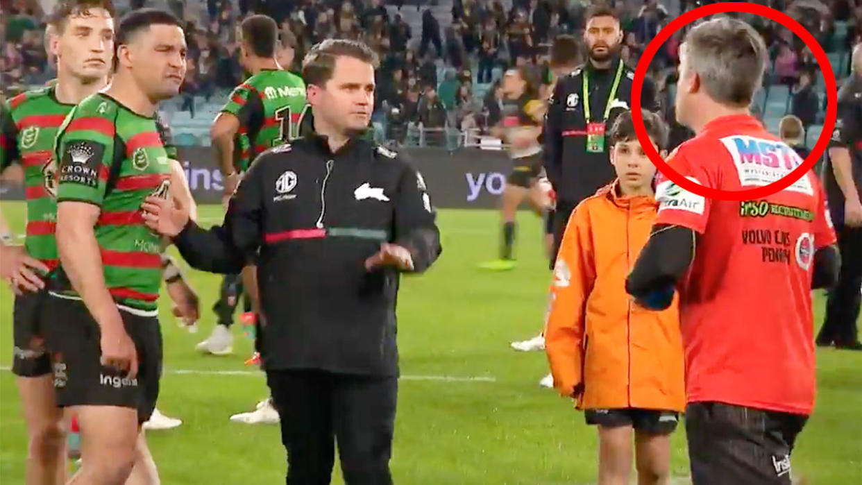 Panthers trainer Pete Green was accused of sledging Rabbitohs backrower Jed Cartwright about his injury history. Pic: Ch9