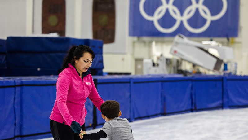 Jessica Mora conducts a skating lesson with Maximo Villasenor, 7, at the Utah Olympic Oval in Kearns on Friday, June 16, 2023.