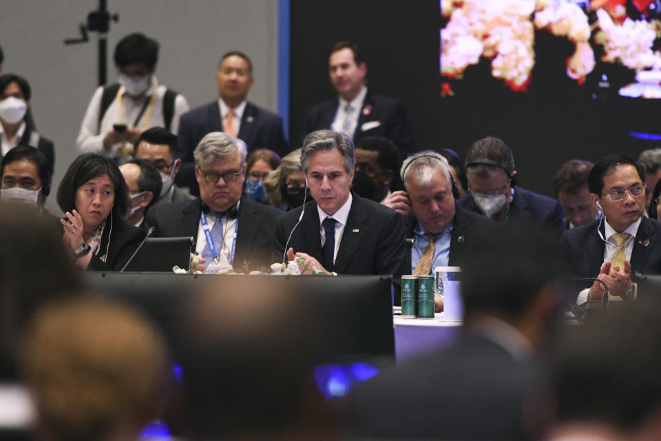 U.S. Secretary of State Antony Blinken, center, attends the 33rd APEC Ministerial Meeting (AMM) plenary session during the APEC summit, Thursday, Nov. 17, 2022, in Bangkok, Thailand. (Chalinee Thirasupa/Pool Photo via AP)
