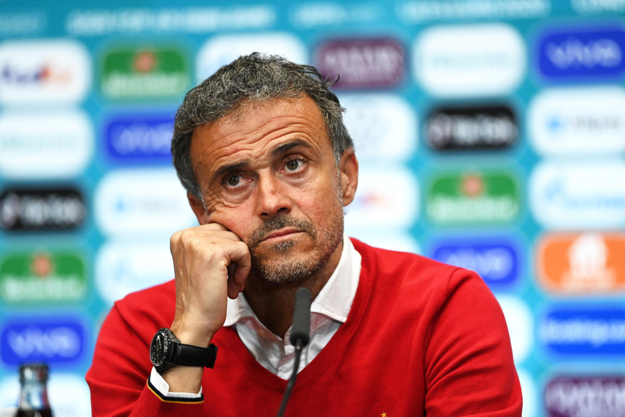 LONDON, ENGLAND - JULY 06: In this handout picture provided by UEFA, Luis Enrique, Head Coach of Spain talks to the media during the Spain Press Conference after the UEFA Euro 2020 Championship Semi-final match between Italy and Spain at Wembley Stadium on July 06, 2021 in London, England. (Photo by UEFA/UEFA via Getty Images)
