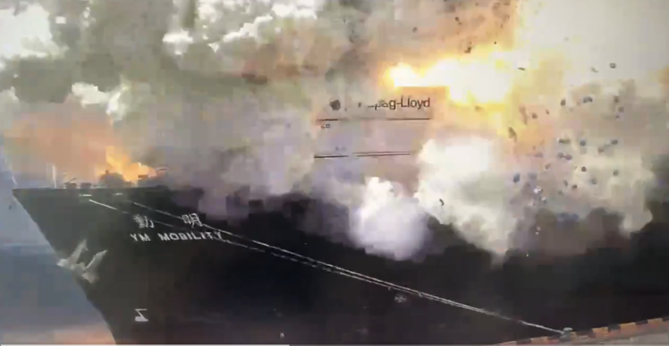 Screengrab from video showing explosion aboard container ship.