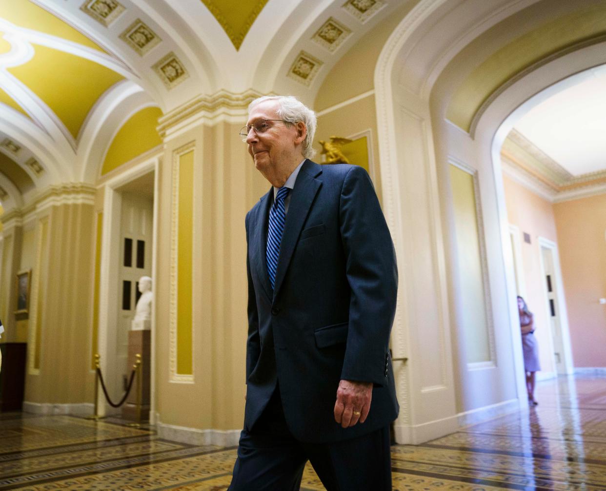 Senate Minority Leader Mitch McConnell (R-KY) walks to the Senate Chambers as the Senate takes up a $95B foreign aid package for Ukraine, Israel and Taiwan on Tuesday, April 23, 2024.