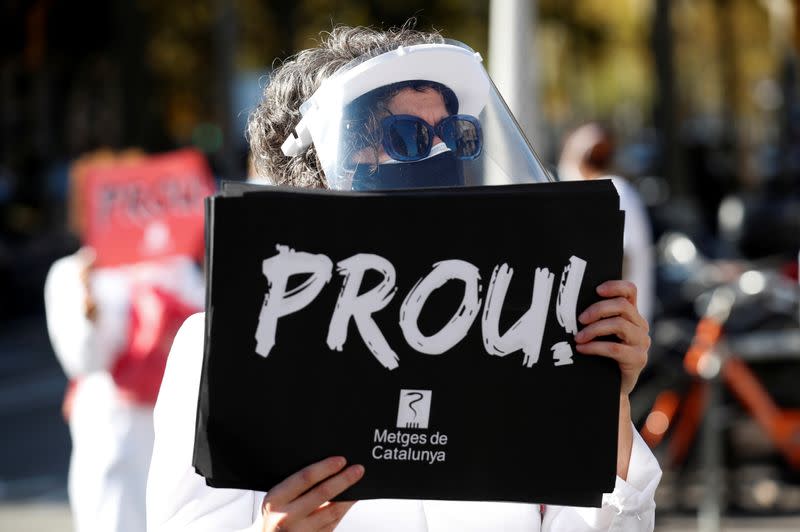 Catalan primary health doctors protest on the first day of a four-day strike in Barcelona to demand better working conditions amid the coronavirus disease (COVID-19) outbreak, in Barcelona