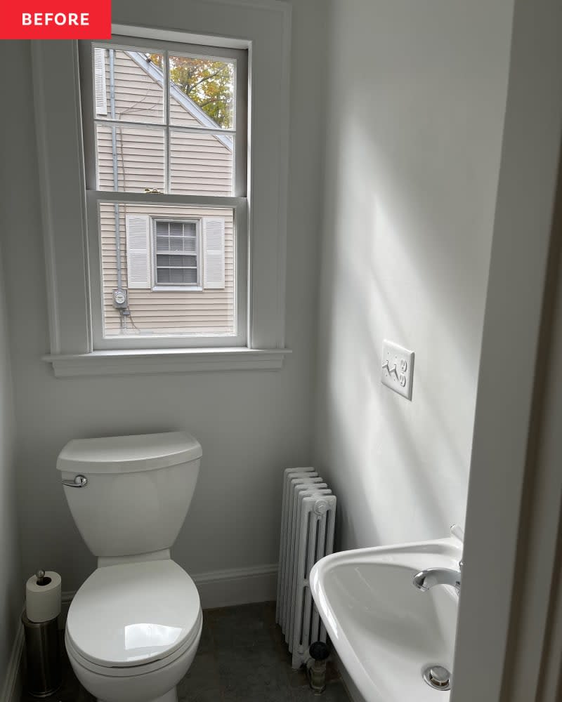 Before: a white bathroom with a window above the toilet