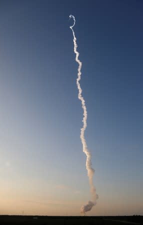 The Ascent Abort-2 of NASA's Orion spacecraft's emergency launch abort system lifts off during a flight test from the Cape Canaveral Air Force Station in Cape Canaveral