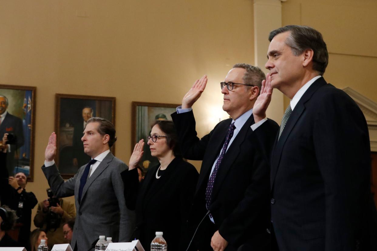 Constitutional experts are sworn in before giving evidence in the impeachment hearings into Donald Trump at the House Judiciary Committee: (left to right) Noah Feldman, Pamela Karlan, Michael Gerhardt and Jonathan Turley: AP