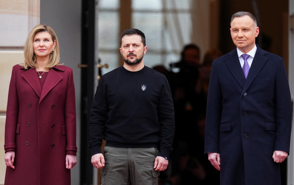 Poland's President Andrzej Duda, Ukrainian President Volodymyr Zelenskiy and Ukraine's first lady Olena Zelenska meet at the Presidential Palace in Warsaw, Poland (REUTERS)