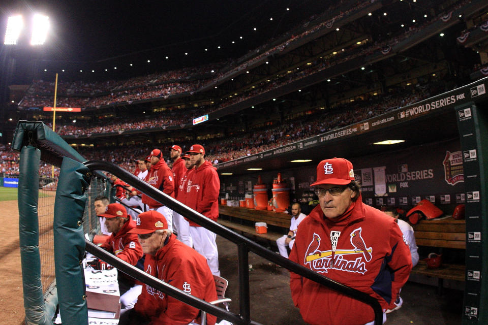 ST LOUIS, MO - OCTOBER 28: Manager Tony La Russa of the St. Louis Cardinals looks on from the dugout in the first inning during Game Seven of the MLB World Series against the Texas Rangers at Busch Stadium on October 28, 2011 in St Louis, Missouri. (Photo by Jamie Squire/Getty Images)