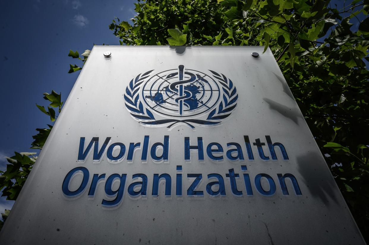 This photograph taken on July 3, 2020, shows a sign of the World Health Organization (WHO) at their headquarters in Geneva, amidst the COVID-19 outbreak, caused by the novel coronavirus. (Photo by Fabrice COFFRINI / AFP) (Photo by FABRICE COFFRINI/AFP via Getty Images)