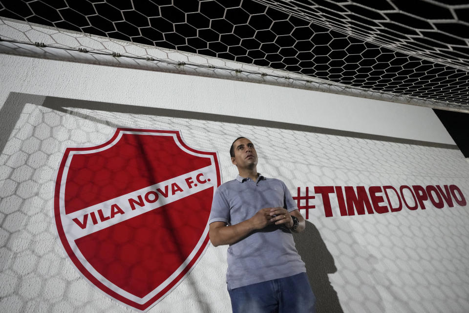 Hugo Jorge Bravo, president of the Vila Nova soccer club, speaks during an interview with the AP at the clubhouse in Goiania, Brazil, Thursday, May 18, 2023. Bravo was the first Brazilian club manager to denounce soccer match-fixing. It is the third investigation into evidence of wrongdoing by soccer players who allegedly made sure to get bookings and gave away penalties in exchange for bribes. (AP Photo/Eraldo Peres)