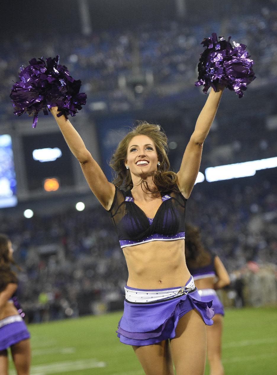 <p>Baltimore Ravens cheerleaders perform in the first half an NFL football game against the Cleveland Browns, Thursday, Nov. 10, 2016, in Baltimore. (AP Photo/Nick Wass) </p>