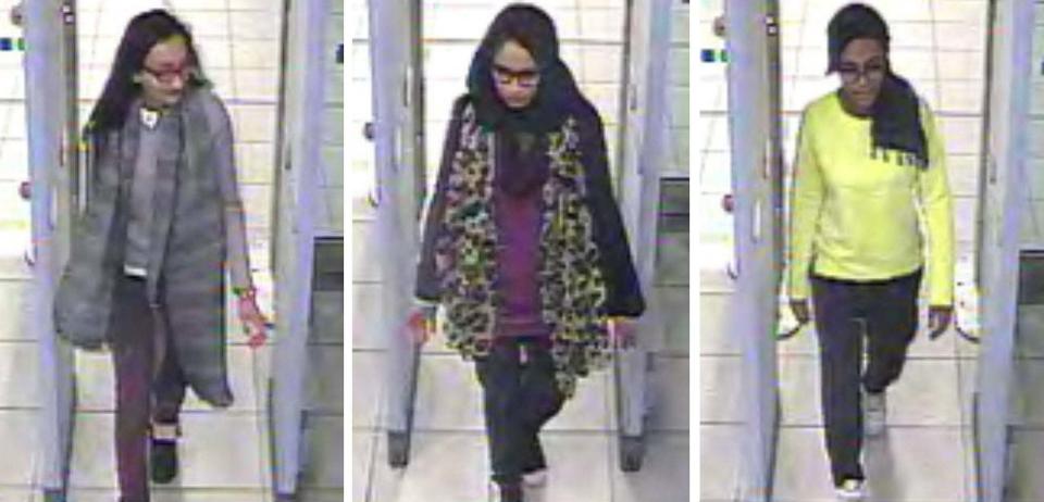 Kadiza Sultana, 16, Shamima Begum, 15 and Amira Abase, 15 going through security at Gatwick airport to join IS (PA)