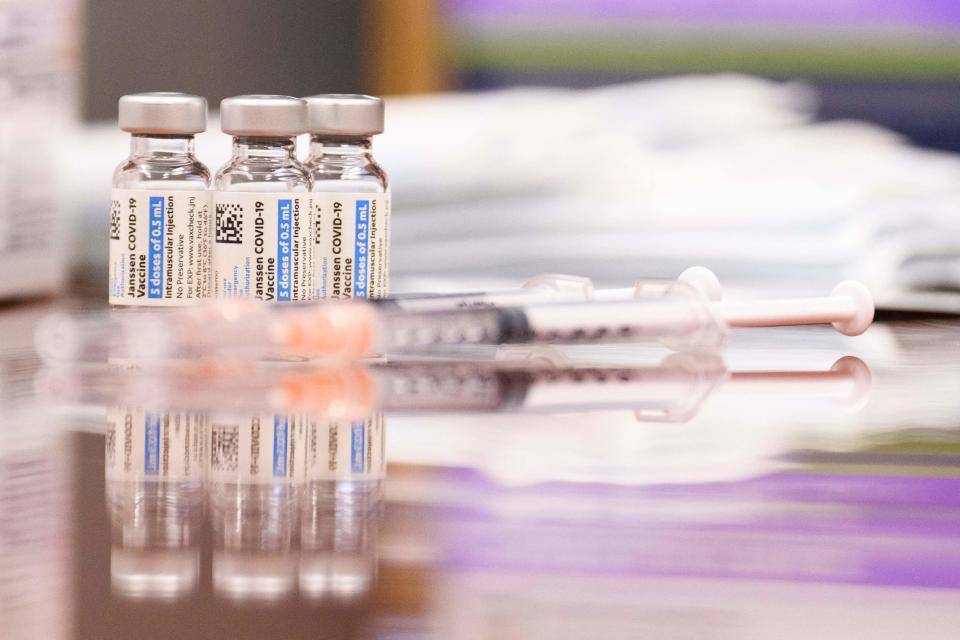 Vials of the Johnson & Johnson COVID-19 vaccine are displayed at a Culver City Fire Department vaccination clinic on Aug. 5, 2021, in California.