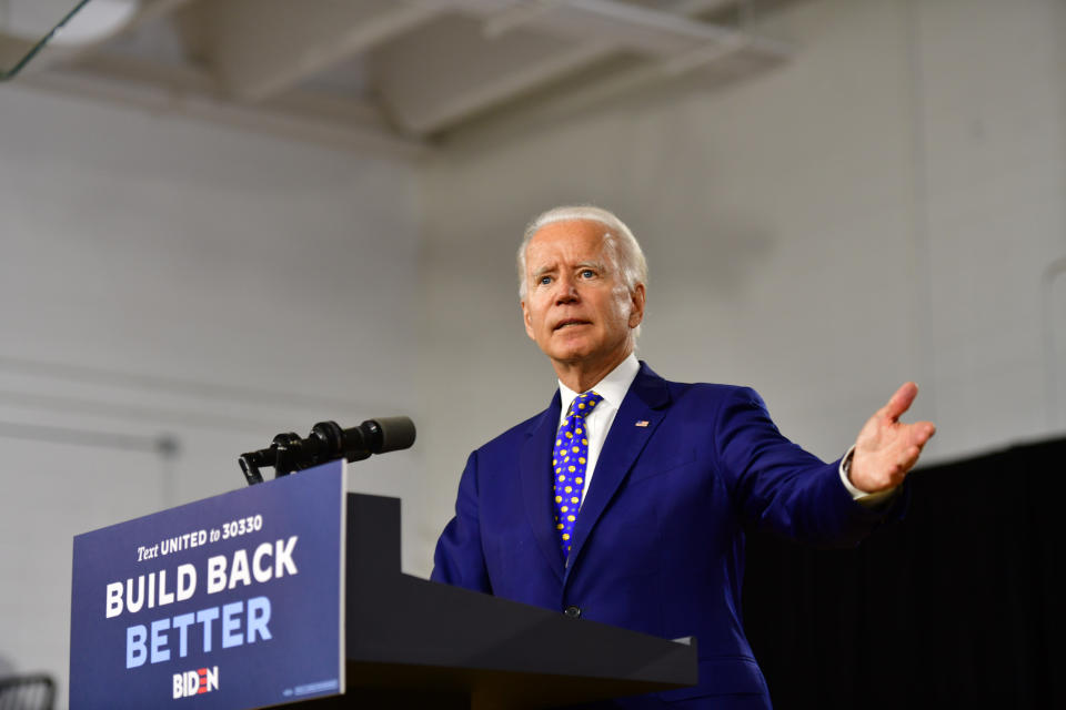 WILMINGTON, DE - JULY 28:  Presumptive Democratic presidential nominee former Vice President Joe Biden delivers a speech at the William Hicks Anderson Community Center, on July 28, 2020 in Wilmington, Delaware. Biden addressed the fourth component of his Build Back Better economic recovery plan for working families, how his plan will address systemic racism and advance racial economic equity in the United States.  (Photo by Mark Makela/Getty Images)