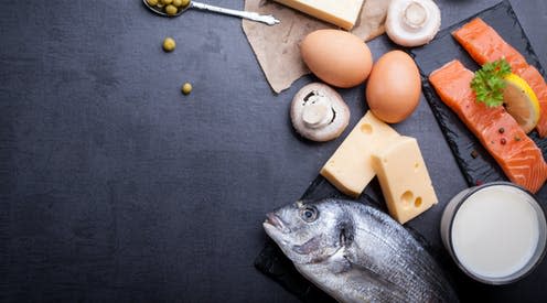 <span class="caption">Vitamin D3 is found in fish, cheese, and eggs.</span> <span class="attribution"><a class="link " href="https://www.shutterstock.com/image-photo/black-table-ingredients-food-rich-vitamin-721103494" rel="nofollow noopener" target="_blank" data-ylk="slk:Cegli/Shutterstock;elm:context_link;itc:0;sec:content-canvas">Cegli/Shutterstock</a></span>