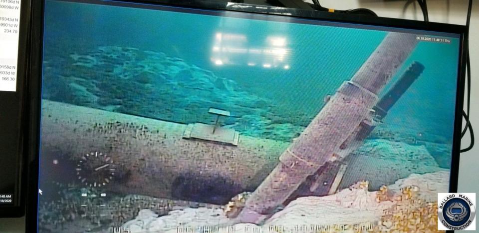 A photo provided by Enbridge to the state of Michigan shows damage done to an anchor for one of the Line 5 pipelines in the Straits of Mackinac in 2020.