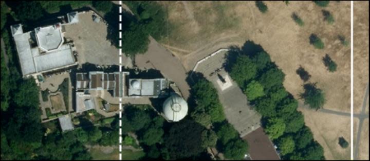 Tourists visiting the Airy meridian at the Royal Observatory in England (dotted line) stand on the historic location of the prime meridian, but improving technology reveals its actual location lies to the east (solid line