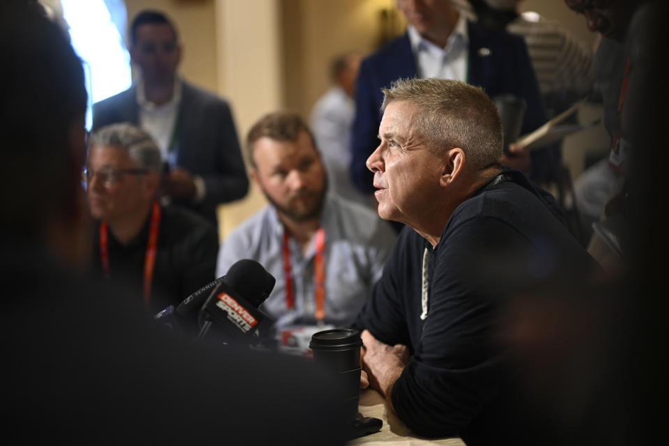 Denver Broncos head coach Sean Payton talks with reporters during an AFC coaches availability at the NFL owners meetings, Monday, March 25, 2024, in Orlando, Fla. (AP Photo/Phelan M. Ebenhack)