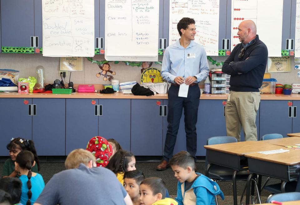 Cahuilla Elementary School principal Dr. Ryan Saunders and Desert Sun reporter Jonathan Horwitz observe a classrom as Horwitz was participating as the Òprincipal for a dayÓ in Palm Springs, Calif., March 30, 2023. 