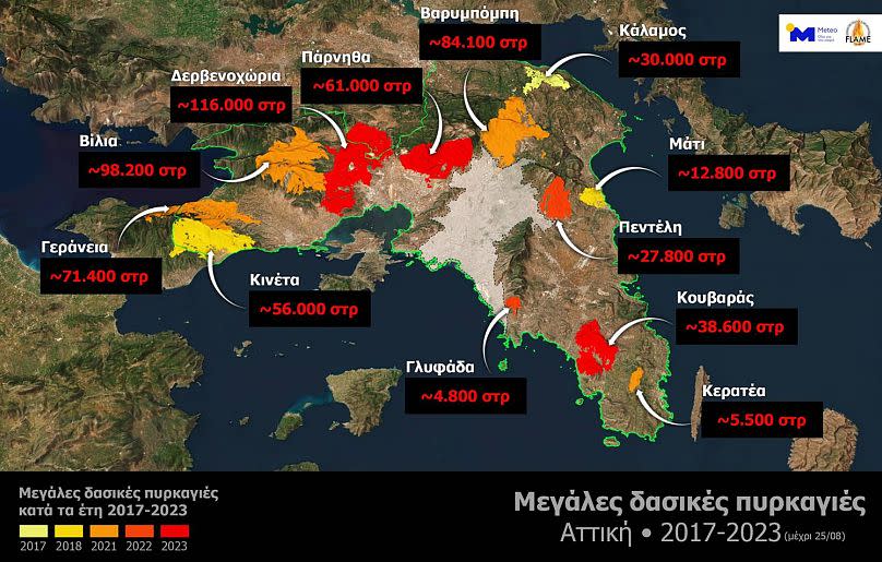 A map showing wildfire-scorched areas in the Attica area between 2017-2023.